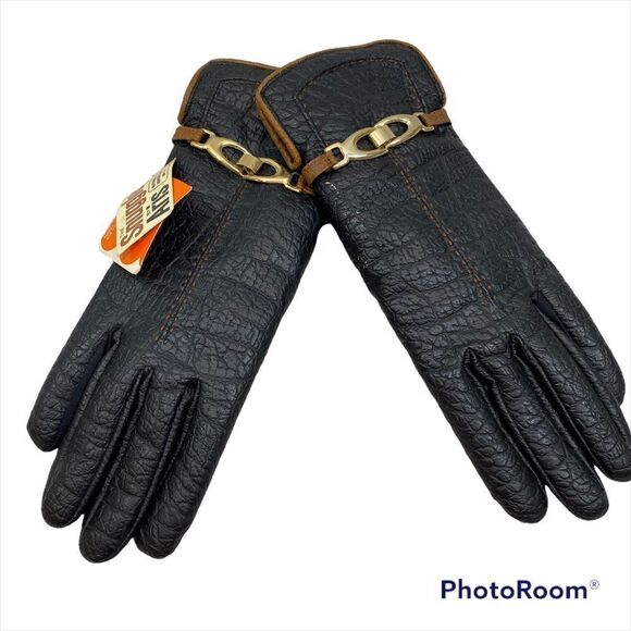 Aris Accessories - Vintage New‎ With Tags Snuggler by Aris Black Faux Leather Gloves Size Large